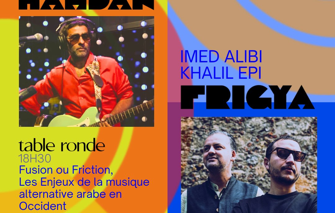 Affiche d'un événement avec artistes et détails d'une table ronde et d'un concert.