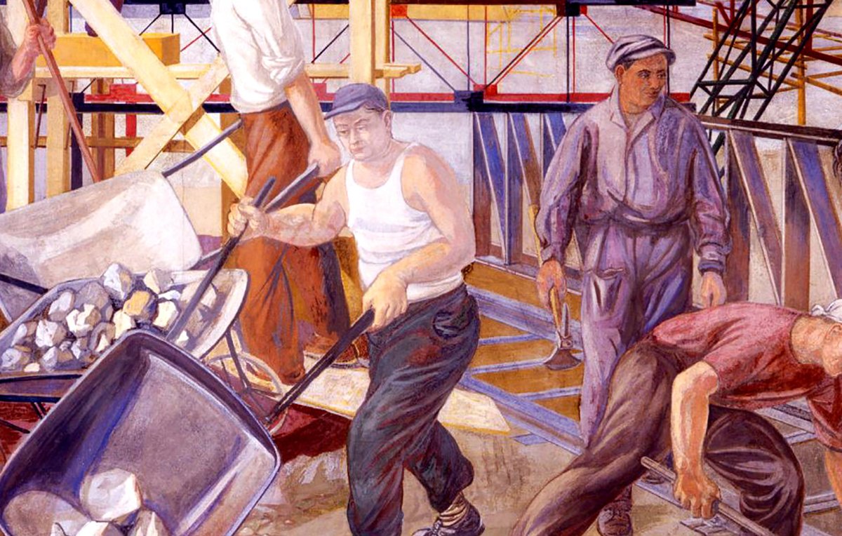 L'image représente une scène de travail sur un chantier de construction. On y voit plusieurs ouvriers en train de s'affairer autour de matériaux de construction. Un homme au premier plan pousse une brouette remplie de pierres, tandis que d'autres s'engagent dans des tâches variées, comme le transport de matériaux ou l'utilisation d'outils. L'ambiance de l'œuvre communique une forte impression de labeur et de collaboration, avec une attention remarquable aux détails des vêtements et des expressions des travailleurs. Le style de la peinture évoque une certaine époque, mettant en avant les efforts des ouvriers.