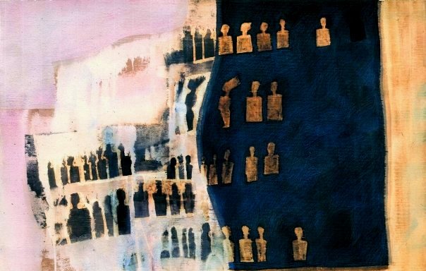 Cette image présente une œuvre artistique abstraite qui combine différentes teintes et formes. On peut y voir des figures humaines stylisées sur un fond nuancé, partiellement résistant à la couleur. À gauche, des silhouettes semblent se superposer, tandis qu'à droite, un fond bleu foncé met en avant d'autres figures disposées de manière régulière. Les couleurs utilisées créent un contraste intéressant, jouant entre des tons chauds et froids, et l'ensemble évoque une atmosphère contemplative et introspective.