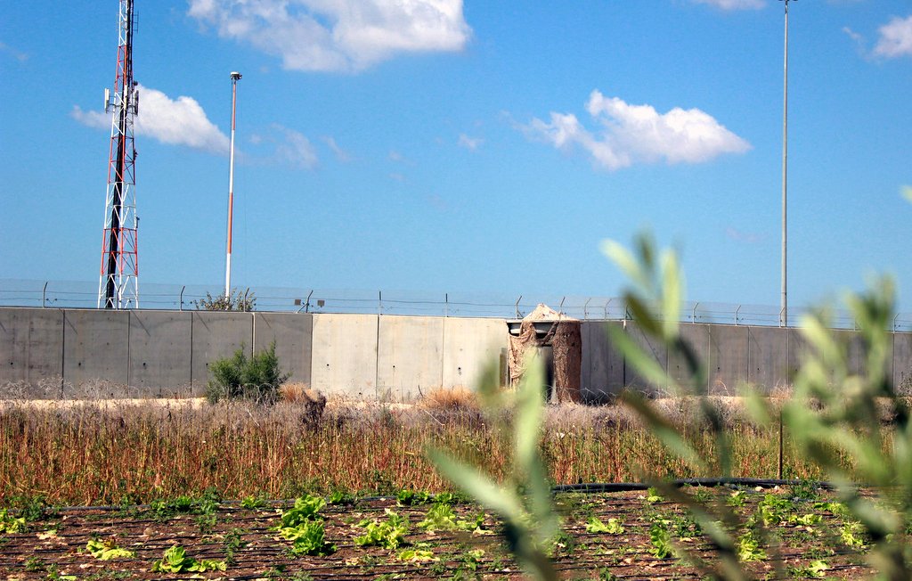 L'image montre un paysage avec un mur en béton qui semble délimiter une zone. Au fond, on peut voir des pylônes de communication et des lampadaires, suggérant une certaine infrastructure. Au premier plan, il y a un champ de cultures avec des lignes de légumes, probablement dans un état de sécheresse ou de négligence, tandis qu'un feuillage flou dans la partie inférieure de l'image ajoute une touche naturelle. Le ciel est bleu avec quelques nuages.