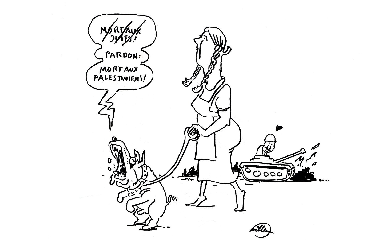 Une femme avec un chien, un tank en arrière-plan, un dialogue sur les Palestiniens.