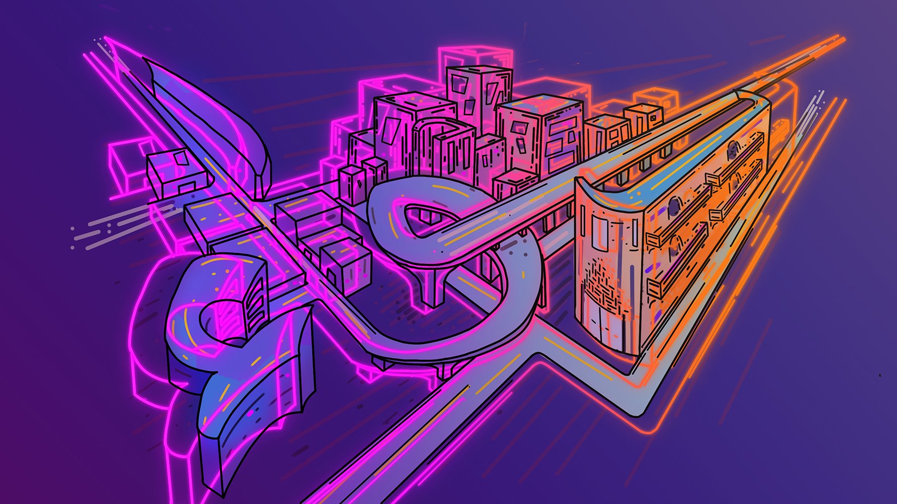 تظهر في الصورة رسم متجدد يجمع بين أشكال هندسية ونوافذ مستوحاة من المدن الحديثة. الألوان الزاهية، مثل الوردي والبرتقالي، تضفي على الصورة طابعًا عصريًا وحيويًا. هناك تفاصيل معمارية تبدو كأنها تمثل مباني ومرافق حضرية، بينما يتداخل معها انحناءات وخطوط تعبر عن الحركة والديناميكية. تعكس هذه العناصر مجتمعة شعورًا بالابتكار والتقدم.