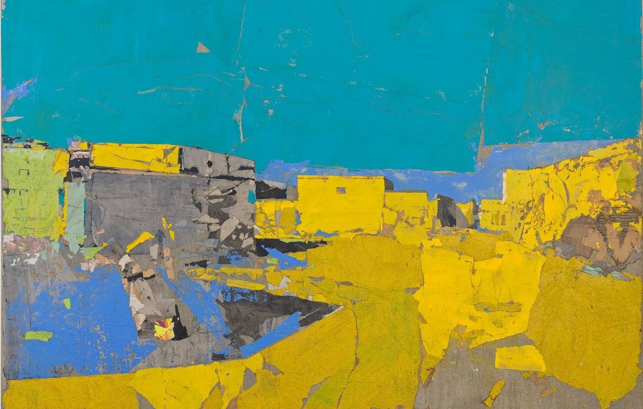 L'image présente une composition abstraite où des blocs de couleurs vives dominent le tableau. Un fond turquoise éclatant contraste avec des zones de jaune vif, représentant des formes géométriques qui pourraient évoquer des structures ou des paysages. Les textures semblent variées, donnant une impression de matière à l'œuvre, et les nuances de gris ajoutent de la profondeur à la scène. L'ensemble crée une atmosphère dynamique et énergique.