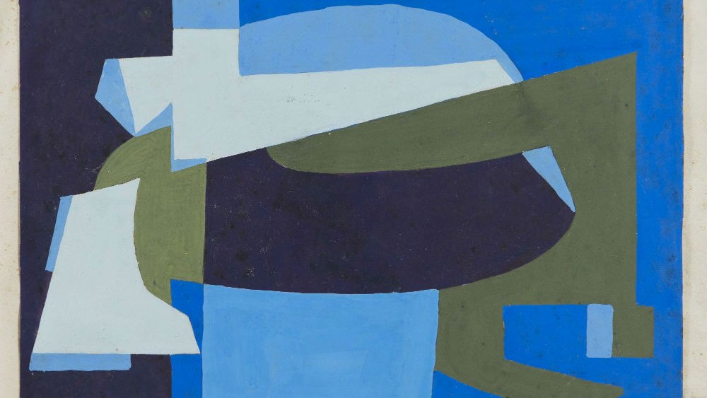 L'image présente une composition abstraite avec des formes géométriques superposées. On observe une palette de couleurs variées, notamment des tons de bleu, de vert et de blanc. Les formes se mélangent de manière fluide, créant un contraste entre les zones sombres et claires. L'œuvre dégage une impression de mouvement et d'harmonie, typique d'un style moderne et décoratif. Les lignes et les courbes ne suivent pas de règles strictes, invitant l'œil à explorer et interpréter la structure de l'image.