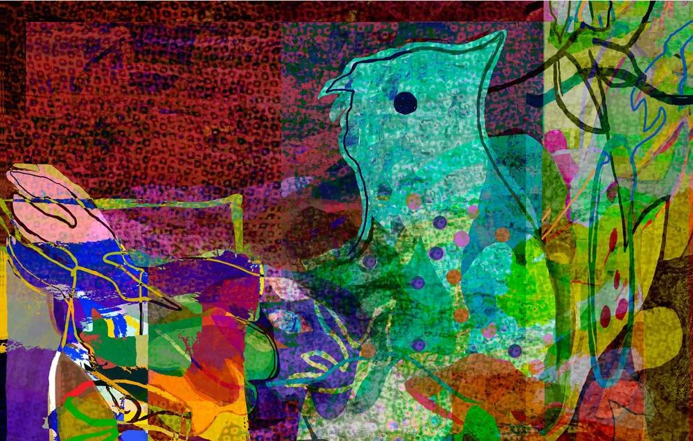 Cette image présente un collage abstrait plein de couleurs vibrantes et de formes variées. On peut voir des motifs organiques et des textures qui se chevauchent, créant un effet dynamique et énergique. Les teintes dominantes incluent des verts, des bleus, des rouges et des jaunes, mélangées de manière à donner une impression de mouvement et de profondeur. L'ensemble évoque une atmosphère à la fois ludique et contemporaine, caractéristique de l'art abstrait.