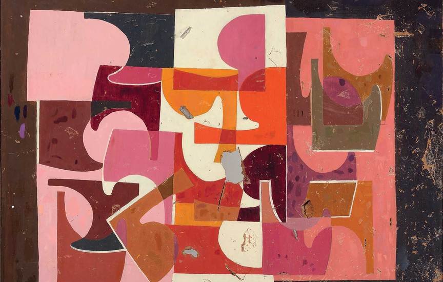 L'image présente une composition abstraite colorée, composée de différentes formes géométriques. On peut y voir une série de motifs en camaïeu de rose, orange, rouge et beige, organisés de manière à créer un effet dynamique. Les formes s'entrelacent et se chevauchent, avec des contours irréguliers qui ajoutent de la profondeur. Le fond est sombre, ce qui met en valeur les teintes chaudes de la palette. L'ensemble dégage une impression de mouvement et de vivacité.