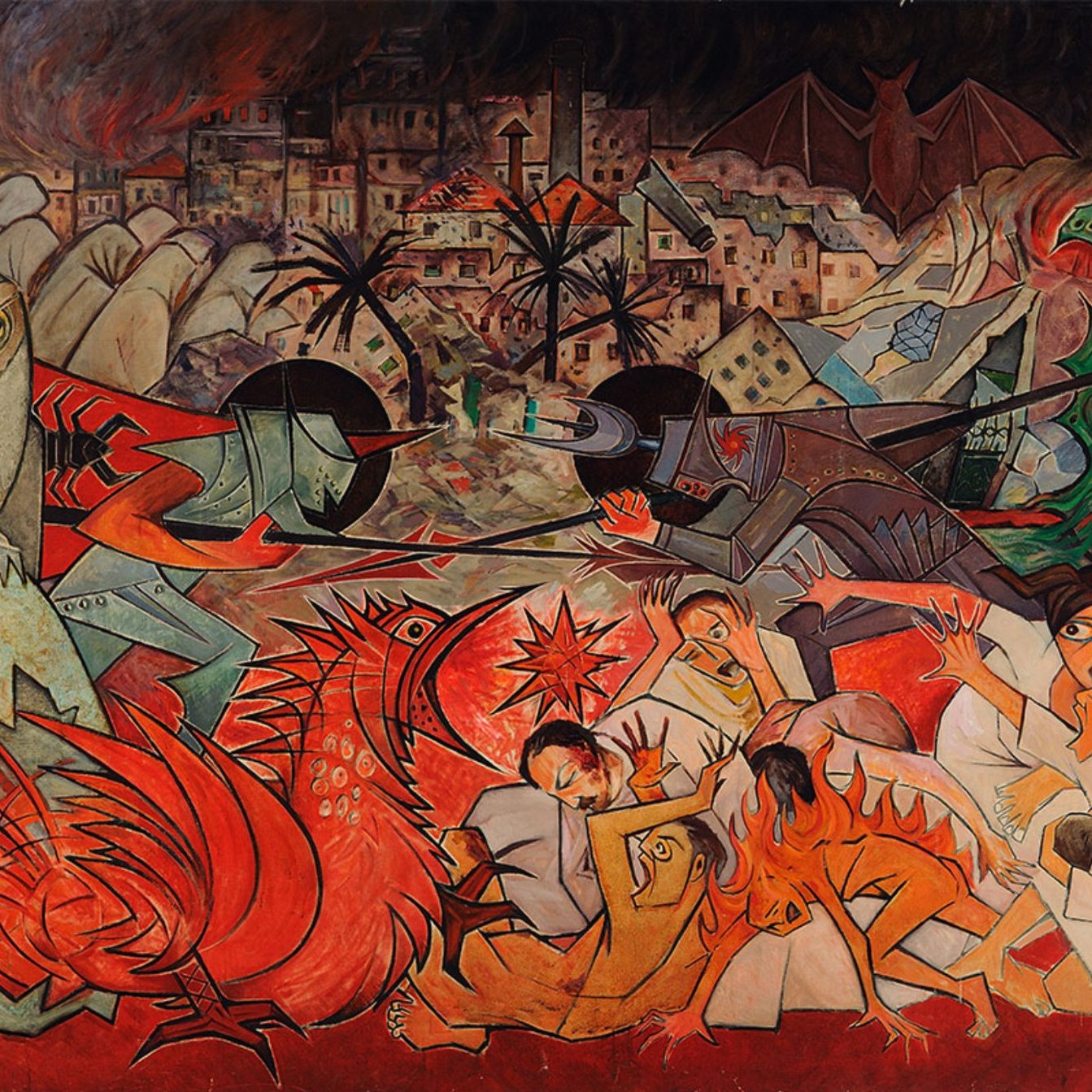 L'image est une peinture dynamique et expressive, représentant une scène chaotique avec des figures humaines en détresse, des éléments naturels comme des arbres et des animaux, et un fond de destruction. Les couleurs sont vives, mélangeant des tons chauds et froids, créant une atmosphère de tension et de tumultes. Des détails symboliques, comme des créatures stylisées, ajoutent à la complexité de la composition.