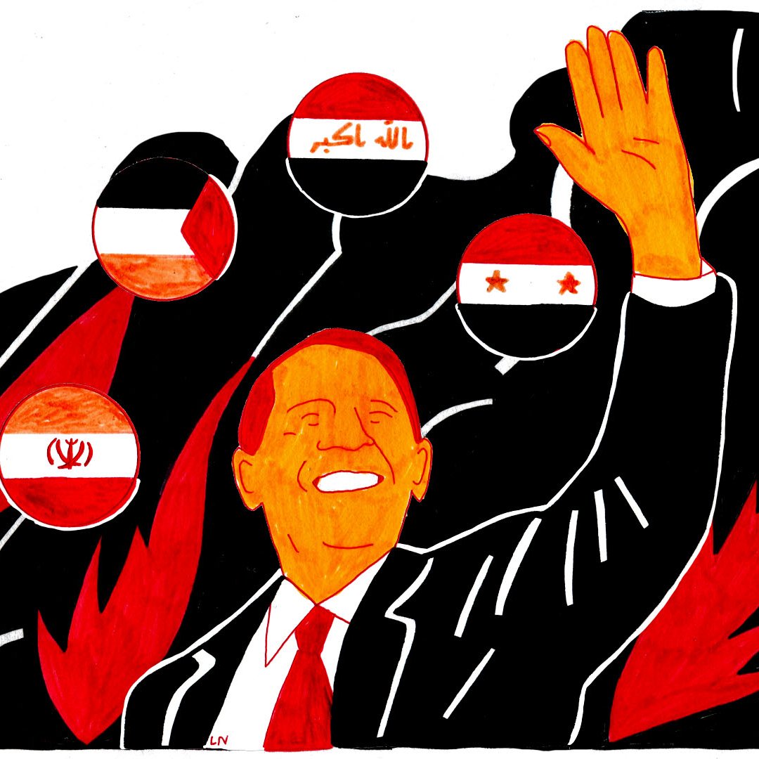 L'image représente une illustration stylisée avec un personnage central, probablement un dirigeant, qui sourit et lève la main. En arrière-plan, on peut voir plusieurs cercles affichant des drapeaux, suggérant une thématique politique ou internationale. Les couleurs dominantes sont des tons chauds comme le rouge et l'orange, créant une ambiance dynamique. Les silhouettes en arrière-plan semblent agitées, ajoutant un sentiment d'intensité à la scène. L'ensemble évoque des thèmes de pouvoir et d'interaction politique.