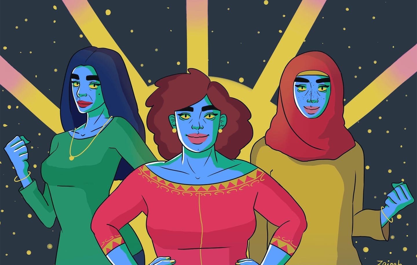 L'immagine presenta tre donne con la pelle azzurra, ciascuna con uno stile e un abbigliamento diverso. La donna al centro indossa una camicia rossa con dettagli ornamentali e mostra un'espressione sicura, con le braccia incrociate. Le altre due donne ai lati hanno indumenti in tonalità verdi e gialle. Una di loro ha i capelli lunghi e lisci, mentre l'altra indossa un velo colorato. Sullo sfondo, ci sono raggi luminosi che aggiungono un'atmosfera dinamica e vibrante all'immagine.