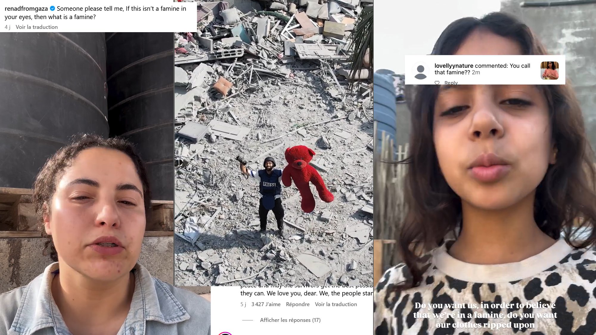 Une personne tient une peluche parmi les décombres, avec des visages parlant de famine.