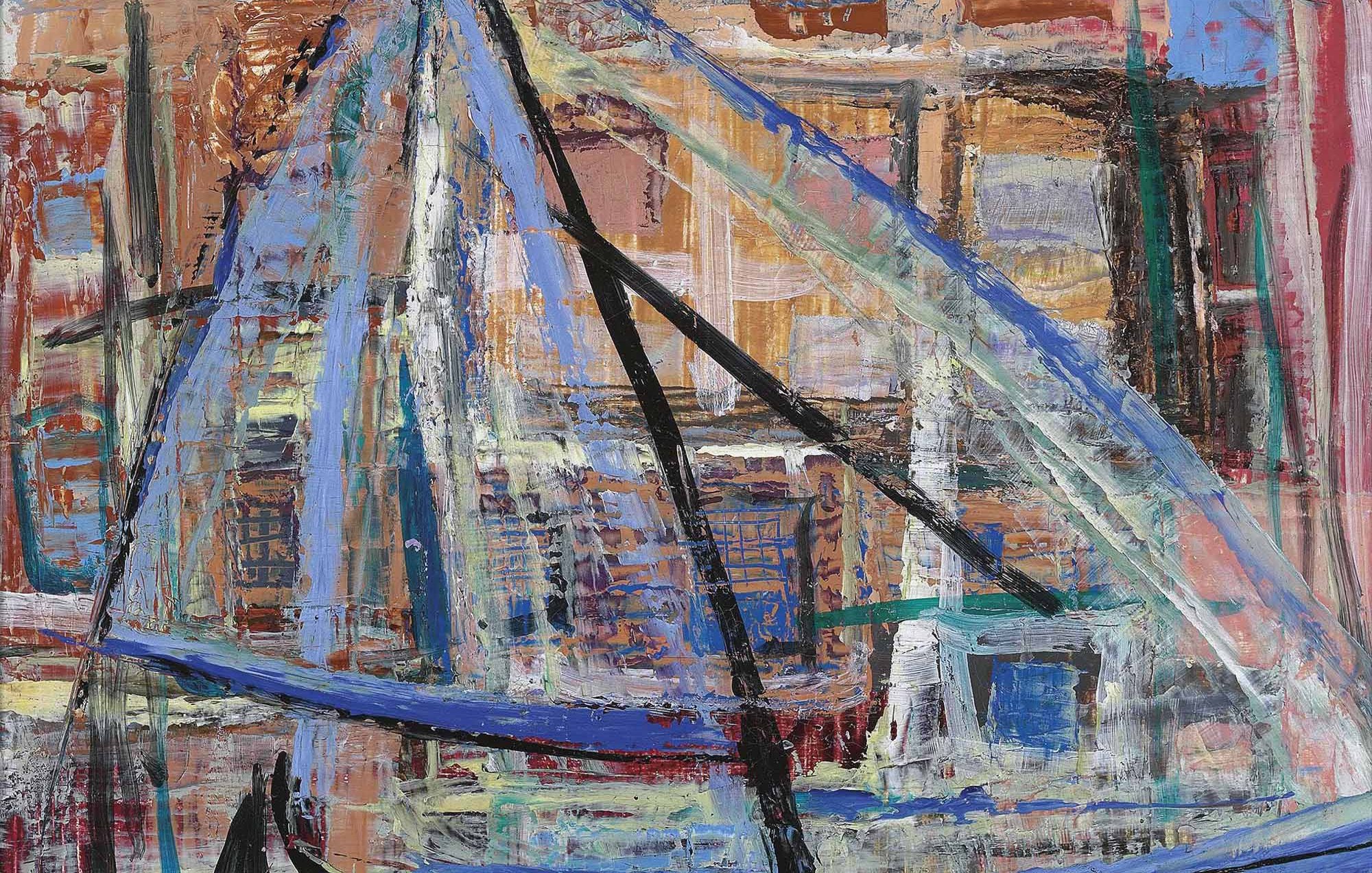 L'image représente une peinture abstraite d'un bateau à voile. Les couleurs sont vives, avec des nuances de bleu, rouge et orange. Le bateau est stylisé, avec des voiles blanches qui se détachent sur un fond texturé, évoquant une scène maritime dynamique. Les coups de pinceau sont lâches et expressifs, créant une impression de mouvement et de vie dans l'eau. Le tout dégage une atmosphère artistique et contemporaine.