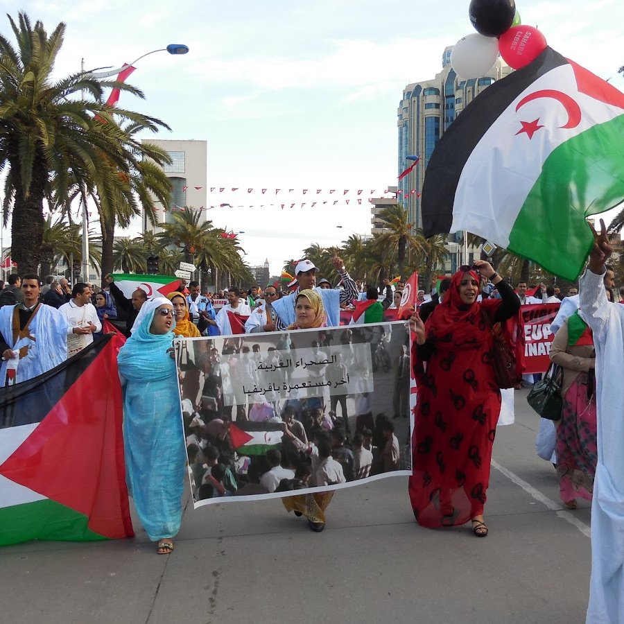 L'image montre une manifestation avec des personnes marchant dans une rue, portant des drapeaux représentant le Sahara occidental. Il y a une atmosphère festive, avec des participants qui tiennent des banderoles et des ballons. Des palmiers se dressent en arrière-plan, ajoutant à l'ambiance. Les manifestants semblent exprimer leurs revendications et leur solidarité.