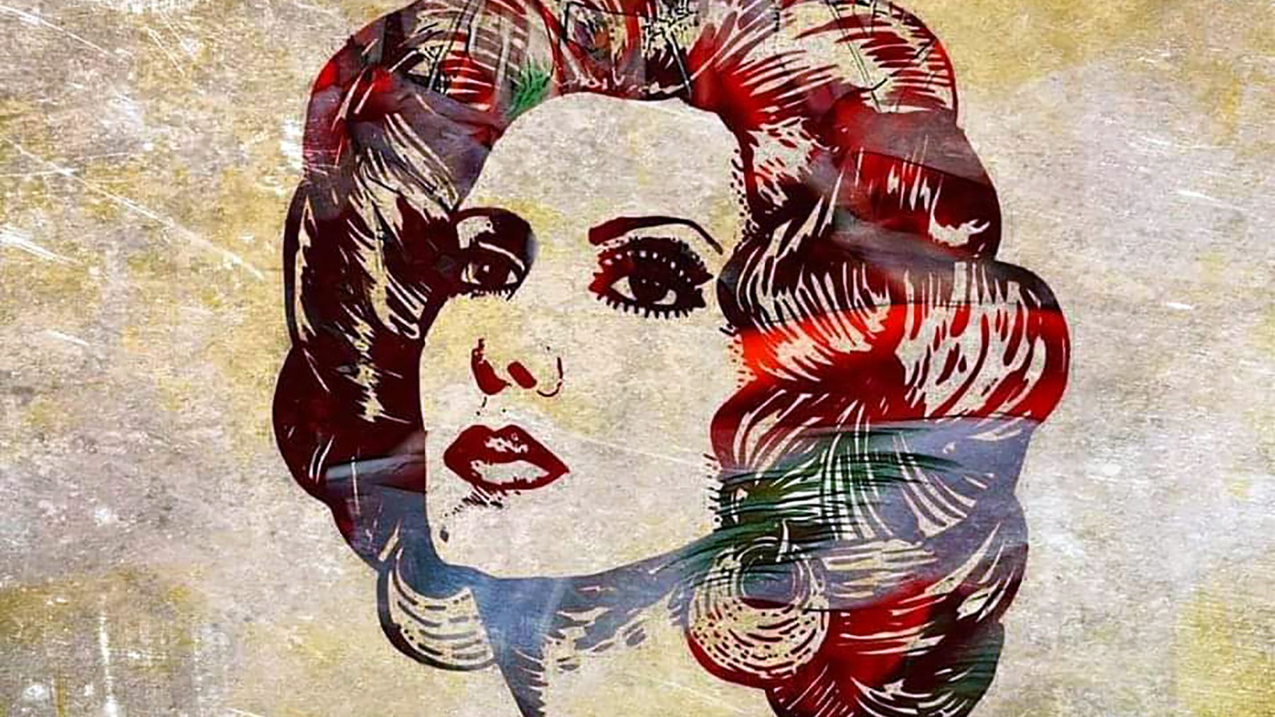 L'image représente une illustration stylisée d'une femme avec des cheveux volumineux et bouclés. Son visage est dessiné de manière artistique, avec des traits marqués et une expression intense. Le fond est texturé et présente des nuances de couleurs dorées et grises, ce qui met en valeur le portrait. L'ensemble donne une impression de glamour et de sophistication.