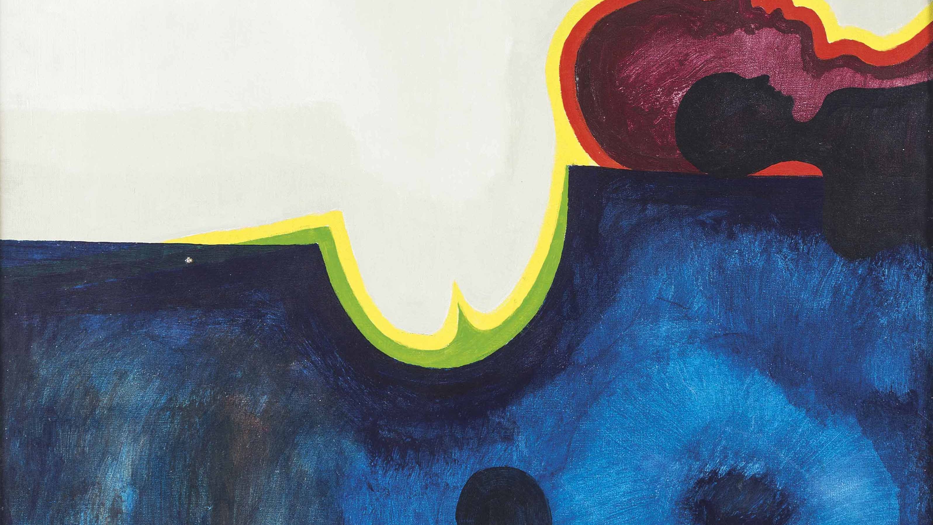 L'image représente une composition abstraite avec des formes et des couleurs vives. On peut distinguer des silhouettes humaines stylisées en noir, ainsi qu'un fond coloré, alternant entre des teintes de bleu, de rouge et de jaune. La partie supérieure de l'œuvre est plus claire, tandis que la partie inférieure présente des tons plus sombres, créant un contraste intéressant. Les lignes et les formes semblent évoquer des émotions et des états d'âme, tout en laissant place à l'interprétation personnelle.