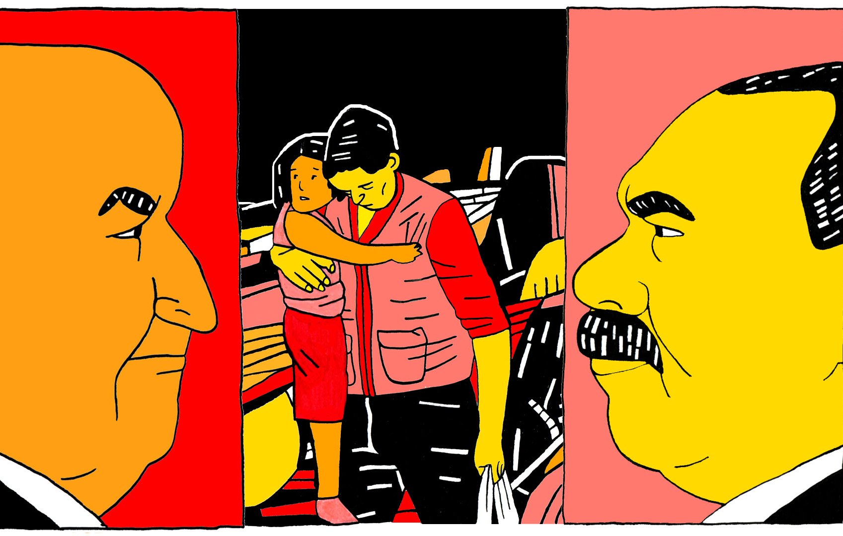 L'image présente une composition en trois parties. Sur le côté gauche, il y a un visage en gros plan, stylisé, qui pourrait symboliser une figure importante ou un leader. La partie centrale montre une scène émotive où un homme porte une enfant dans ses bras, soulignant un moment de tendresse ou de protection. À droite, un autre visage est également stylisé, avec des traits marqués, semblant exprimer une certaine gravité. L'ensemble de l'image utilise des couleurs vives et un style graphique simplifié.