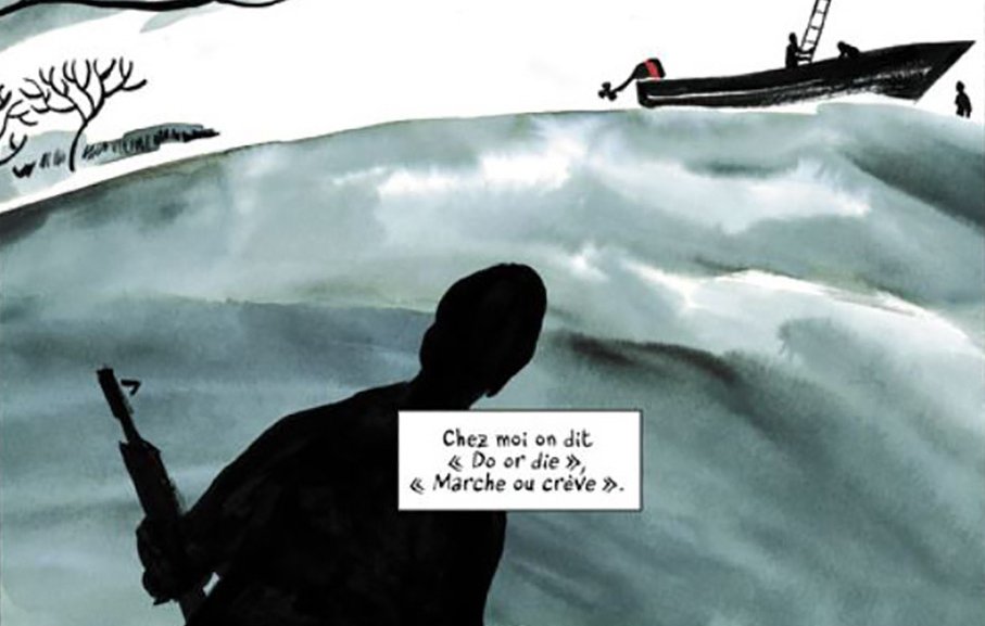 L'image présente une scène avec des silhouettes sombres contre un fond de vagues. On peut voir un personnage armé au premier plan, observant une embarcation à l'arrière-plan. Le texte en bas évoque des expressions qui semblent faire référence à des choix difficiles ou à des défis. L'ensemble transmet une ambiance de tension et de détermination.