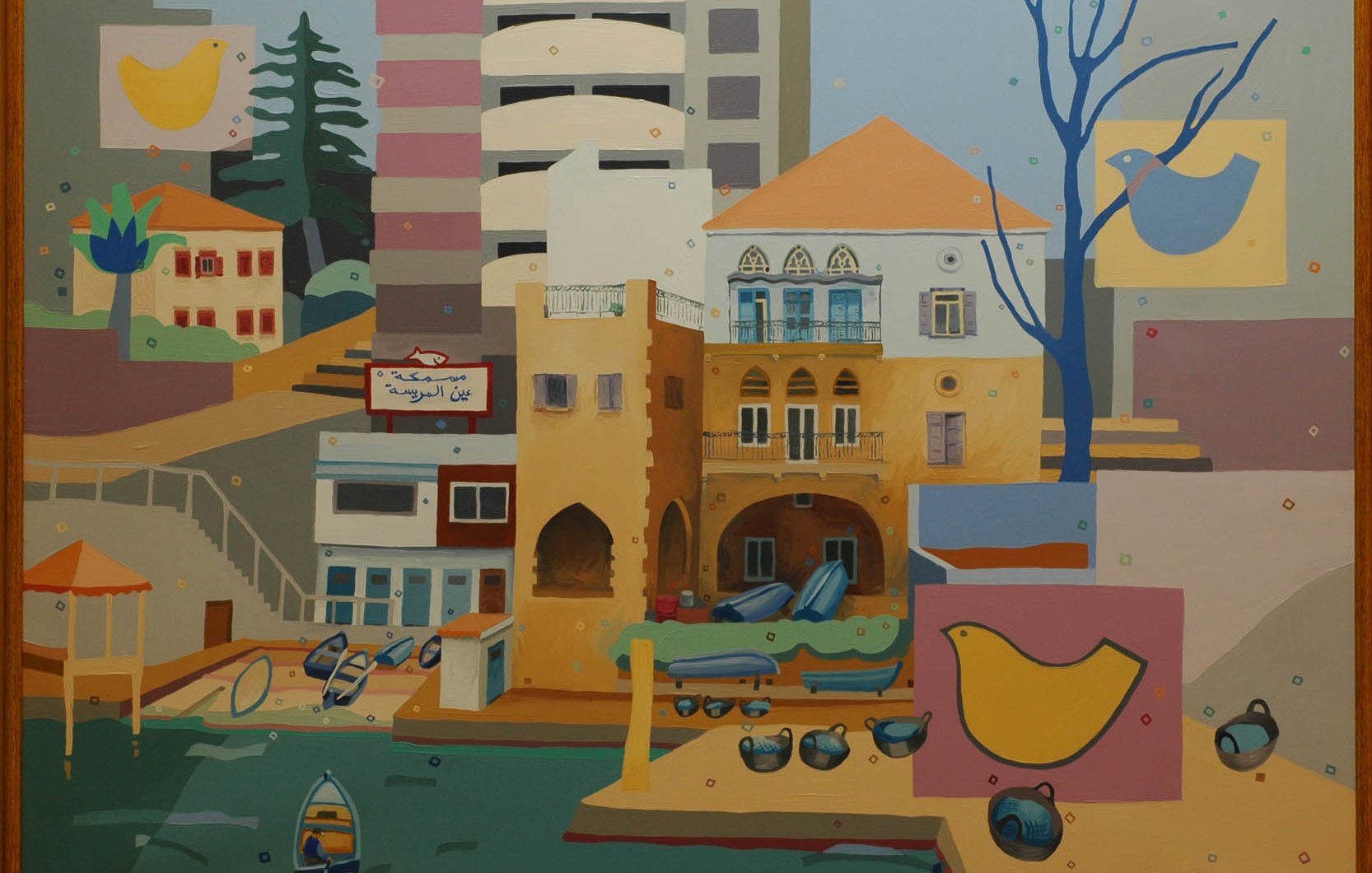 L'image représente une scène colorée d'un paysage urbain et côtier. On y voit des bâtiments de différentes architectures, dont des maisons traditionnelles et des structures modernes. Le tableau utilise des couleurs vives et des formes géométriques, avec des éléments naturels comme des arbres. Il y a également des bateaux amarrés et des détails décoratifs tels que des oiseaux stylisés. L'ensemble dégage une ambiance chaleureuse et invitante, illustrant un mélange de nature et de vie urbaine.
