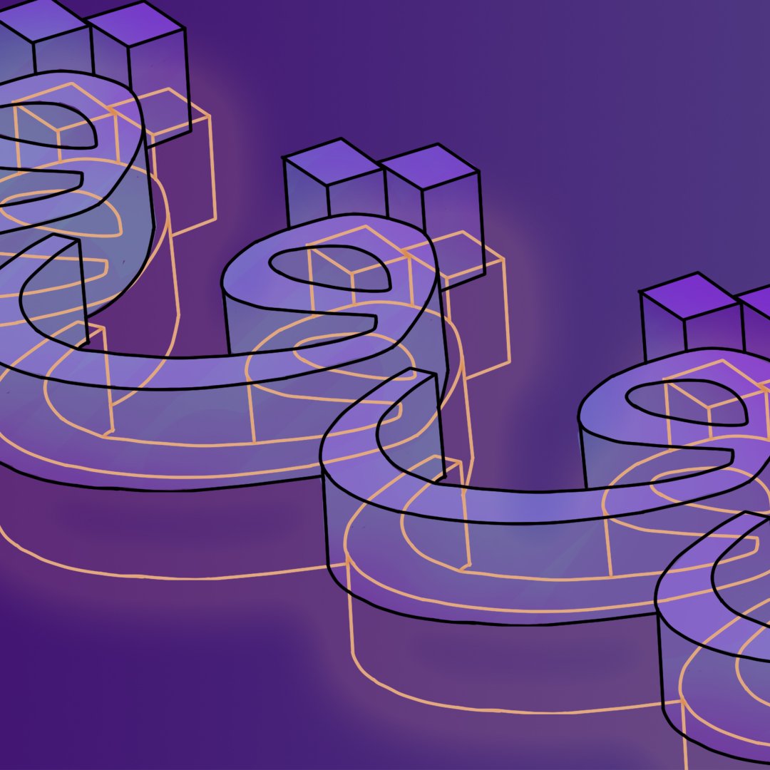 L'image présente une composition graphique avec des formes en 3D stylisées, formant une série de courbes et de structures géométriques. Les éléments ont une apparence translucide avec des contours lumineux, créant un effet de profondeur. Le fond est d'une teinte violette dégradée, ajoutant une ambiance dynamique à l'ensemble. Les formes semblent évoquer un motif répétitif et fluide, ce qui renforce une impression de mouvement.