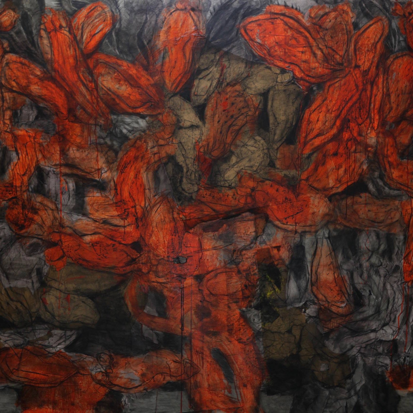 L'image représente une œuvre d'art abstraite aux couleurs vives, principalement des rouges et des tons sombres. La composition semble chaotique, avec des formes fluides et organiques qui se chevauchent. On distingue des contours de figures qui évoquent des mouvements dynamiques, créant une impression de profondeur et d'énergie. Les textures paraissent riches, ajoutant une dimension tactile à l'ensemble. L'œuvre suscite une interprétation personnelle, laissant place à l'imagination du spectateur.