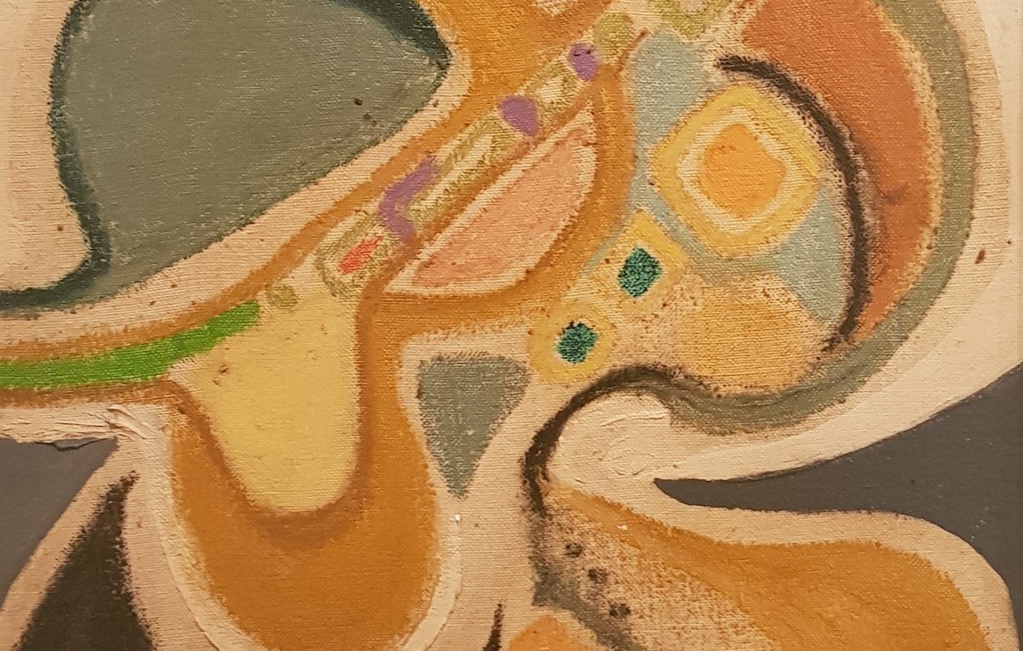 L'image présente une composition abstraite aux formes organiques et fluides. Les couleurs dominantes incluent des tons de beige, vert, et jaune, créant une harmonie visuelle. Les formes semblent interagir de manière dynamique, avec des lignes courbes qui se croisent et se rejoignent. Les éléments géométriques, tels que des carrés et des rectangles de couleurs variées, ajoutent de la profondeur et de l'intérêt à l'œuvre. L'ensemble évoque une sensation de mouvement et de créativité.