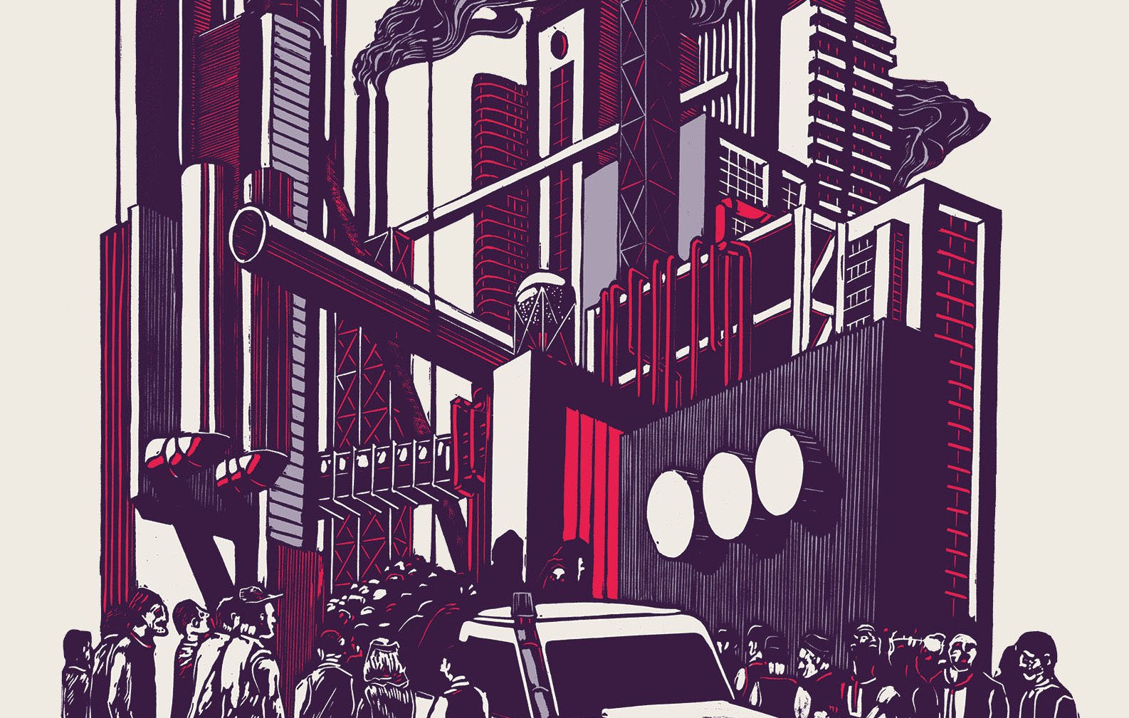 L'image présente une scène urbaine avec une architecture moderne, où des buildings imposants se mélangent à des installations industrielles. On peut voir des foreuses à pétrole et des cheminées dégageant de la fumée, suggérant une forte activité industrielle. Au premier plan, un groupe de personnes semble observer la scène, entouré de véhicules tout-terrain. Les couleurs dominantes sont des teintes sombres et rougeâtres, renforçant une atmosphère à la fois dynamique et un peu pesante. L'ensemble illustre une interaction entre la ville, l'industrialisation et les personnes qui évoluent dans cet environnement.