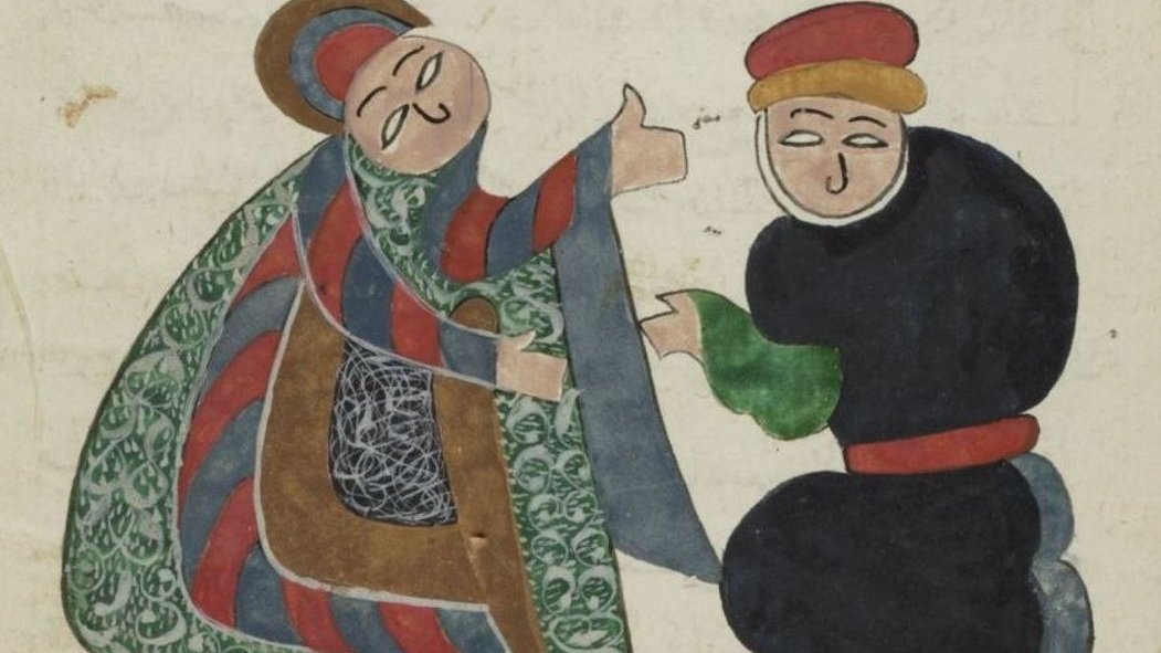 L'image représente deux personnages dans un style artistique ancien. L'un des personnages, possiblement une figure religieuse, est vêtu d'une robe colorée avec des motifs variés. Il fait un geste de bénédiction ou d'accueil avec une expression amicale. L'autre personnage, habillé de manière sombre, semble réceptif et souriant. Les couleurs sont vives et les traits sont stylisés, typiques des illustrations médiévales. Le fond est simple, ce qui met en valeur les personnages.