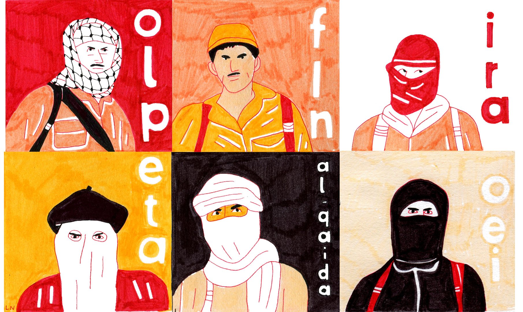 L'image présente un collage de portraits stylisés de personnages portant des vêtements traditionnels, souvent associés à des groupes de militants. Chaque personnage est dessiné dans un style graphique avec des arrière-plans de couleurs différentes (rouge, orange, noir, etc.). Les mots "al-Qaïda" et d'autres lettres sont intégrés dans la composition, évoquant des références à des thématiques liées à la guerre et au terrorisme. L'image semble jouer sur des stéréotypes visuels et évoque des contextes politiques ou sociaux complexes.