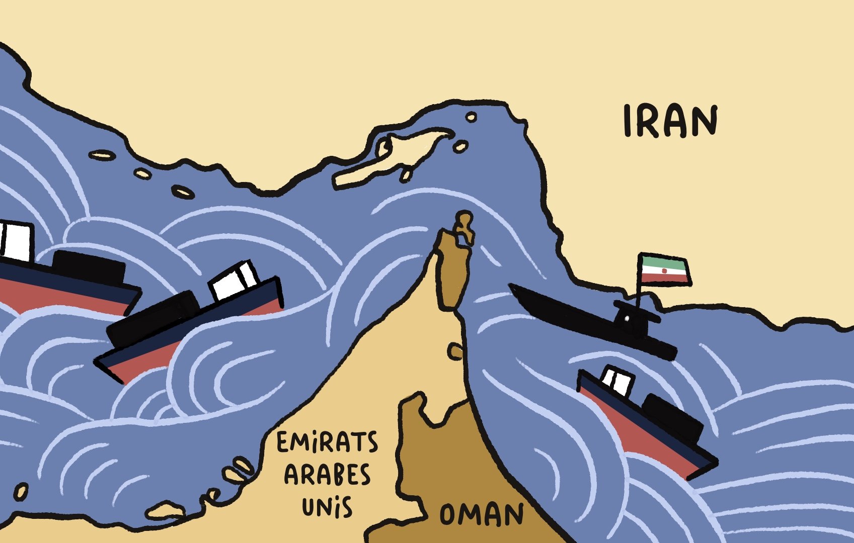 A cartoon map showing boats in rough waters near Iran, with labels for the UAE and Oman.