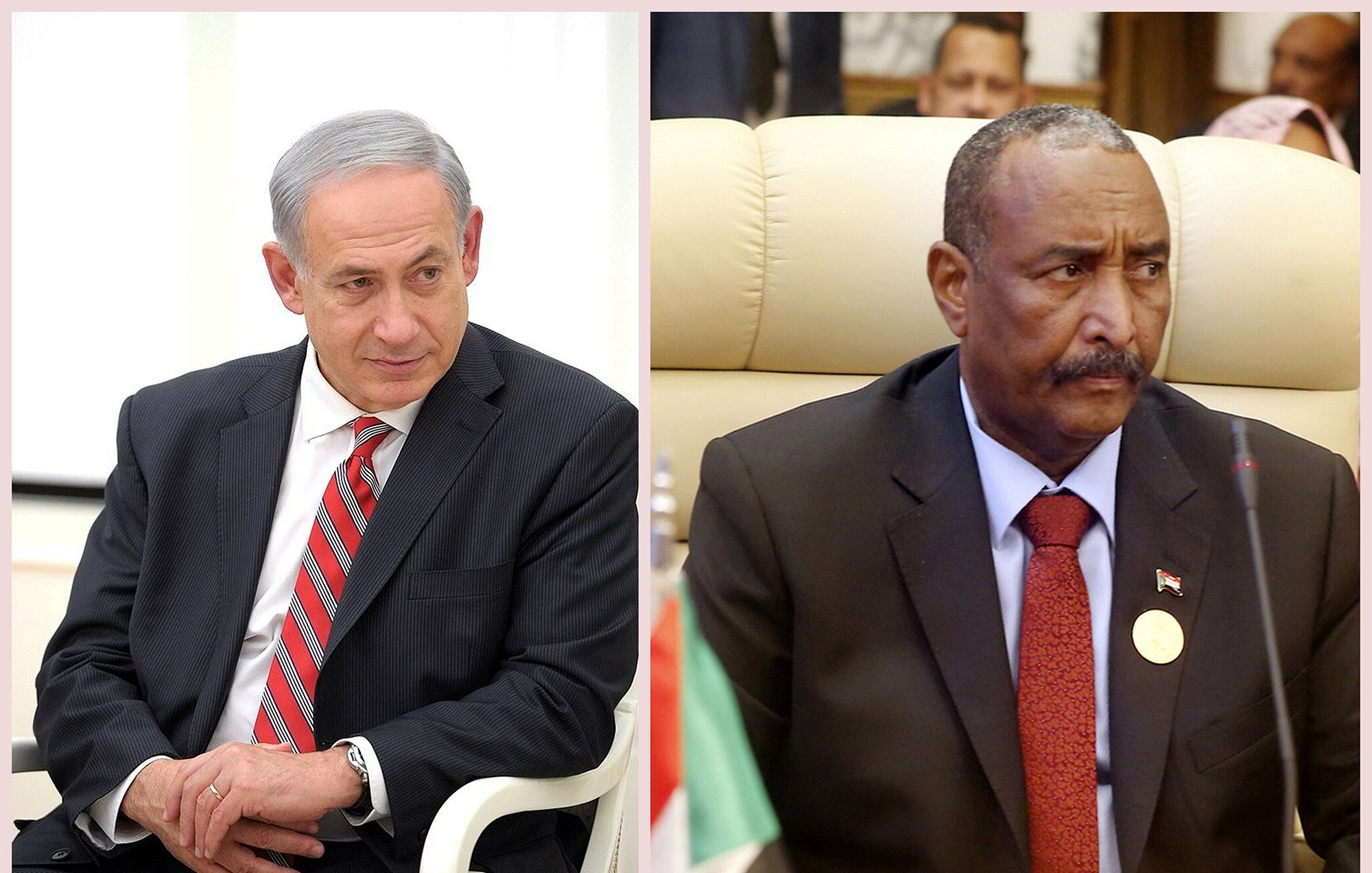 The image features two prominent political figures side by side. On the left, there is a man dressed in a dark suit with a light blue shirt and a striped tie. He has gray hair and is seated with a thoughtful expression. On the right, another man is depicted, also in a black suit, sitting at a formal meeting. He has a serious demeanor and is wearing a pin that represents Sudan. The background suggests a formal setting, indicating that both individuals are engaged in discussions of importance.