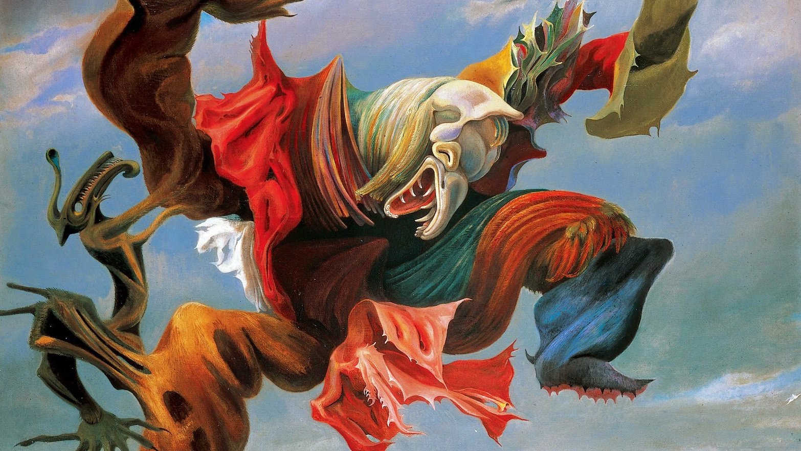 The image depicts a surreal, dynamic figure in an exaggerated pose, characterized by vibrant colors and fluid forms. The figure seems to be wearing tattered clothing, with drapes flowing around it in a dramatic manner. Its face exhibits a range of expressive features, hinting at emotions like anger or desperation. The background is a blend of muted blues and greens, providing a stark contrast to the intense colors of the figure. Strange, abstract shapes and forms surround the central figure, enhancing the surreal atmosphere of the artwork. Overall, it conveys a sense of movement, transformation, and emotional intensity.