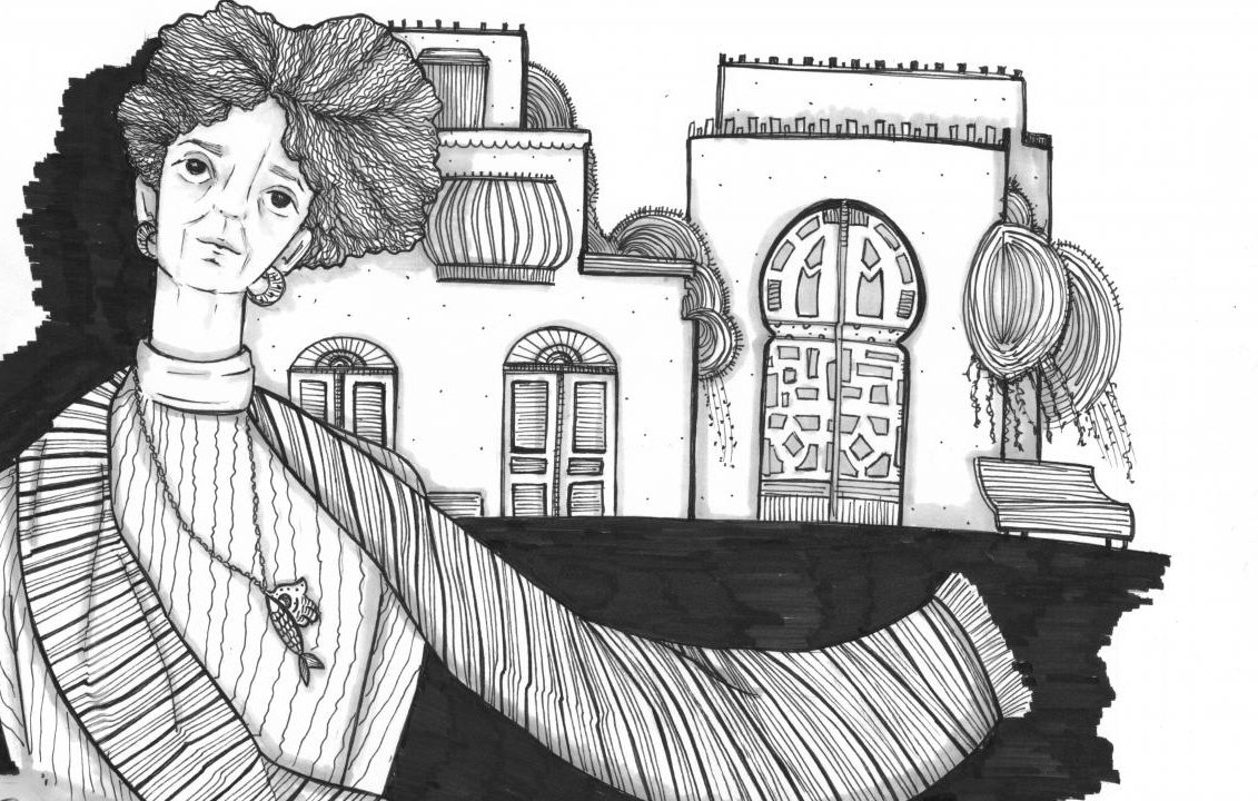 این تصویر یک شخصیت خیالی یا هنری را نشان می‌دهد که ظاهری منحصر به فرد دارد. چهره او با ویژگی‌های خاصی مانند موی حجم‌دار و لباسی متفاوت طراحی شده است. در پس‌زمینه، سازه‌های معماری با جزئیات تجسم یافته‌اند که نشان‌دهنده یک محیط شهری یا روستایی خاص است. خطوط و سایه‌ها در تصویر به شدت استفاده شده‌اند تا عمق و ابعاد را به نمایش بگذارند و به کلیت اثر حالتی هنری و جذاب ببخشند.