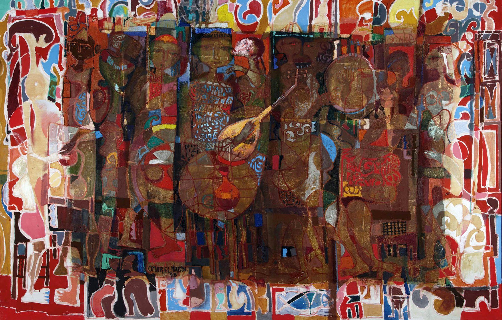 L'image représente une œuvre d'art abstraite riche en couleurs et en textures. Elle met en scène des silhouettes figuratives, souvent stylisées, qui se fondent dans un fond dynamique et coloré. Les formes et les motifs semblent s'entrelacer, créant une composition complexe et vivante. Les couleurs variées, notamment des rouges, des bruns et des bleus, ajoutent à l'intensité de l'œuvre. Cette pièce évoque une sensation de mouvement et une expression culturelle forte.