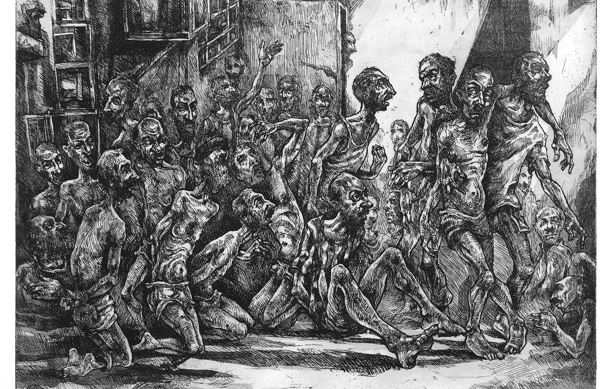 Cette image est une gravure en noir et blanc représentant une scène sombre et chaotique. On y voit une multitude de personnages désespérés, dont les corps sont décharnés et en détresse. Les expressions faciales transmettent une grande souffrance. L'environnement semble oppressant, avec des murs en arrière-plan, suggérant un espace clos. L'œuvre dég dég dég dég dég dég dég dég dég dég dég dég dég dég dég dég dég dég dég dég dég dég dég dég dég dég dég dég dég dég dég dég dég dég dég dég dég dég dég dég dég d'une forte émotion et soulève des thèmes de souffrance et de désespoir.