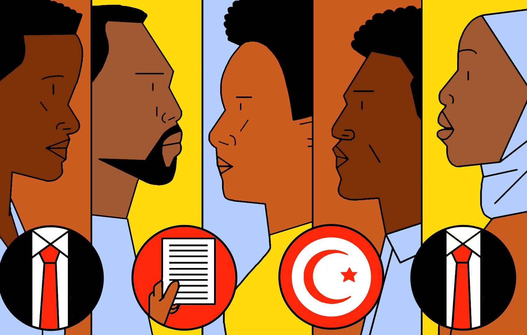 L'image présente une série de profils de personnes, avec des illustrations stylisées et colorées. On y voit deux hommes et deux femmes, chacun d'eux avec une expression sérieuse. Les personnages sont entourés de motifs lumineux en jaune, orange et bleu. Au centre, on trouve des éléments significatifs, comme un document et un symbole représentant la Tunisie, ainsi qu'une cravate dans des icônes. L'ensemble transmet un message sur la diversité et les identités culturelles.