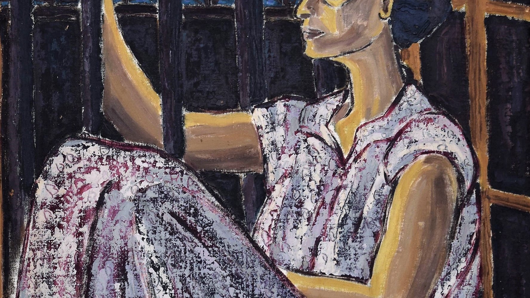 L'image représente une femme assise sur le sol, les jambes repliées. Elle semble contemplative, regardant à travers des barreaux, ce qui suggère un sentiment d'emprisonnement ou de solitude. Elle porte une robe à motifs. Les couleurs utilisées sont sombres et terreuses, créant une atmosphère introspective. Le style de la peinture est expressif, mettant en avant les émotions de la personne représentée.