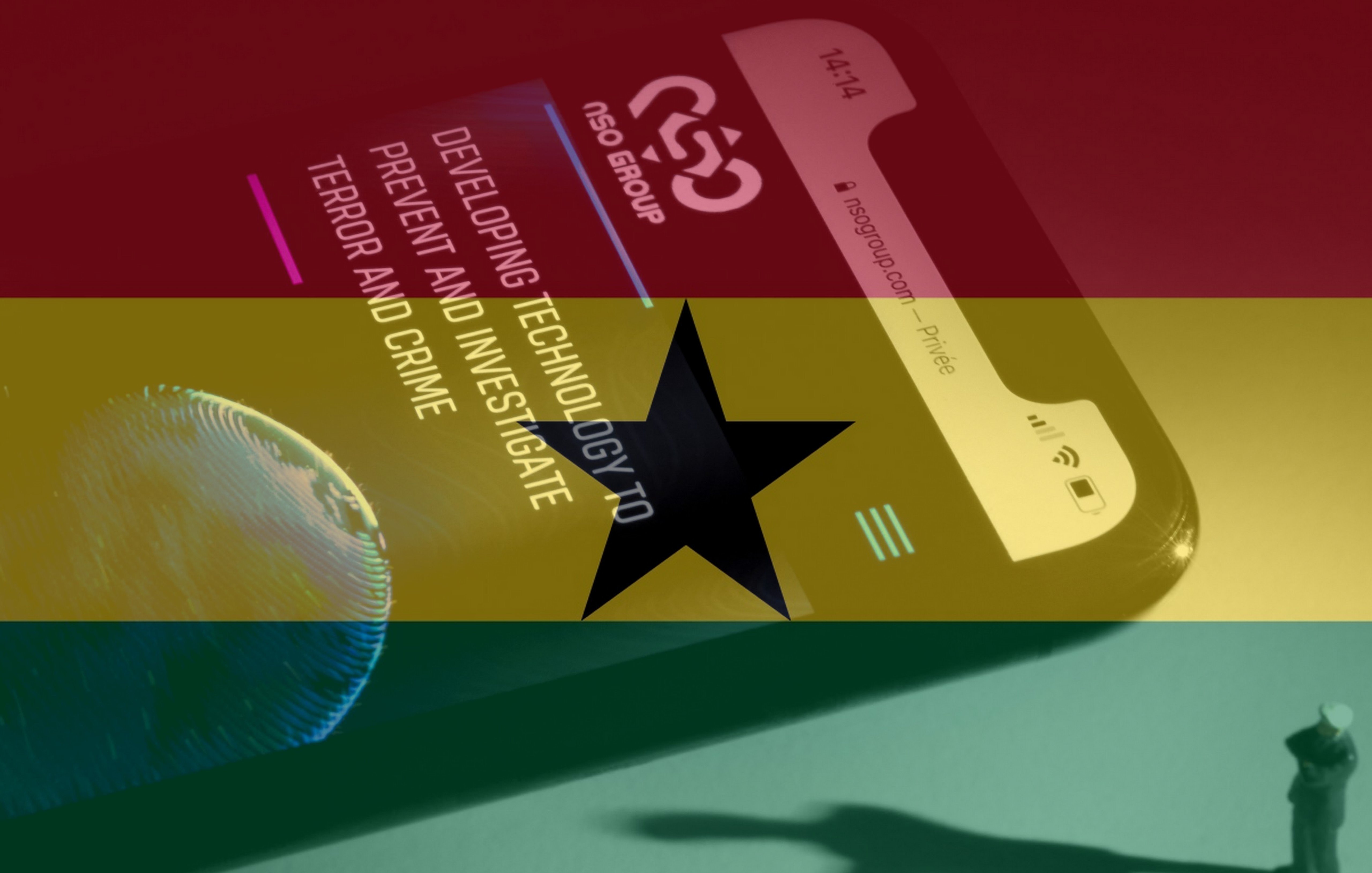 الصورة تظهر هاتفًا محمولًا مع عرض لجوانب تقنية، بالإضافة إلى ظل شخص يقف. في الخلفية، هناك علم غانا بألوانه الثلاثة: الأحمر، الأصفر، والأخضر، مع نجمة سوداء في الوسط. تعكس الصورة موضوع التكنولوجيا والتحقيق في الجرائم والإرهاب.