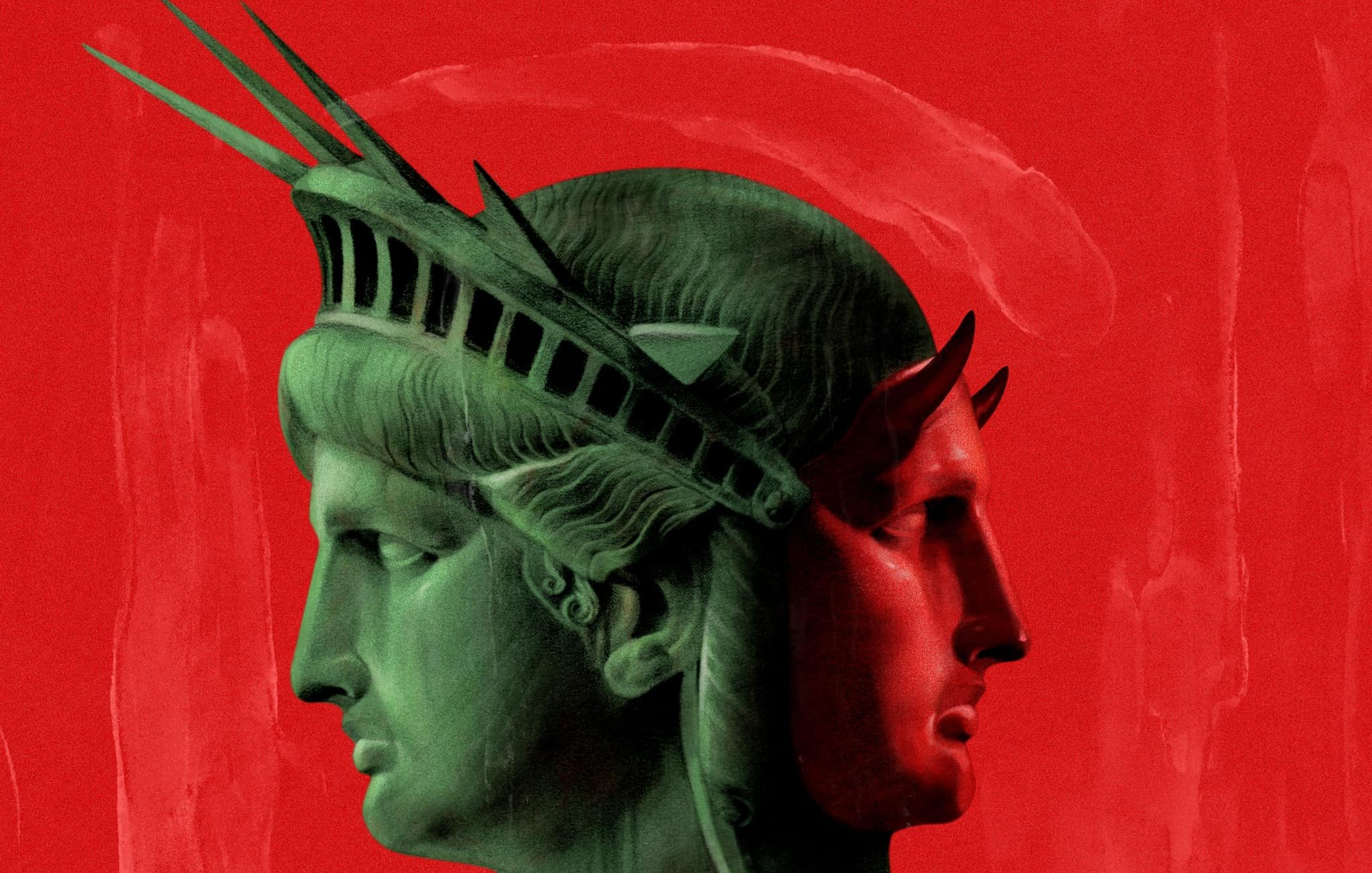 این تصویر نشان‌دهنده مجسمه آزادی است که به رنگ‌های سبز و قرمز طراحی شده است. مجسمه به صورت نیم‌رخ نمایش داده شده و دو نمای مختلف دارد. سمت چپ مجسمه به رنگ سبز است در حالی که سمت راست به رنگ قرمز است. پس‌زمینه تصویر نیز به رنگ قرمز است و کل ترکیب به طور هنری به نظر می‌رسد، که حس تضاد و جذابیت بصری را به تصویر می‌دهد.