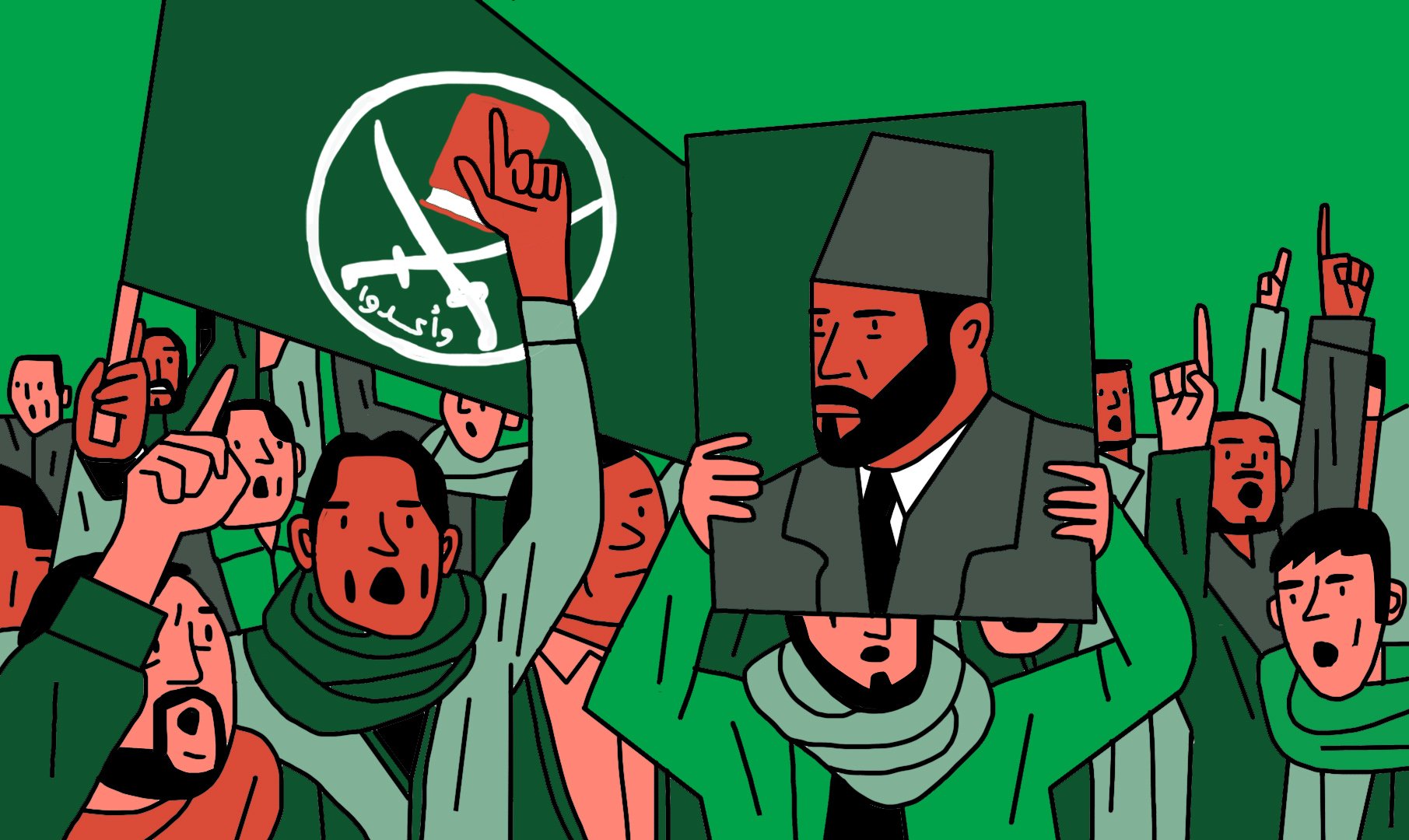 L'image montre un groupe de personnes rassemblées, brandissant des drapeaux et tenant une grande affiche avec le portrait d'un homme. L'atmosphère semble être celle d'une manifestation ou d'un rassemblement politique, avec des personnes qui expriment leur soutien ou leurs revendications. Les participants portent des écharpes, et certains lèvent le poing en l'air, ce qui indique une dynamique de mobilisation. L'arrière-plan est d'une couleur verte uniforme, ce qui ajoute un sentiment d'unité à la scène.