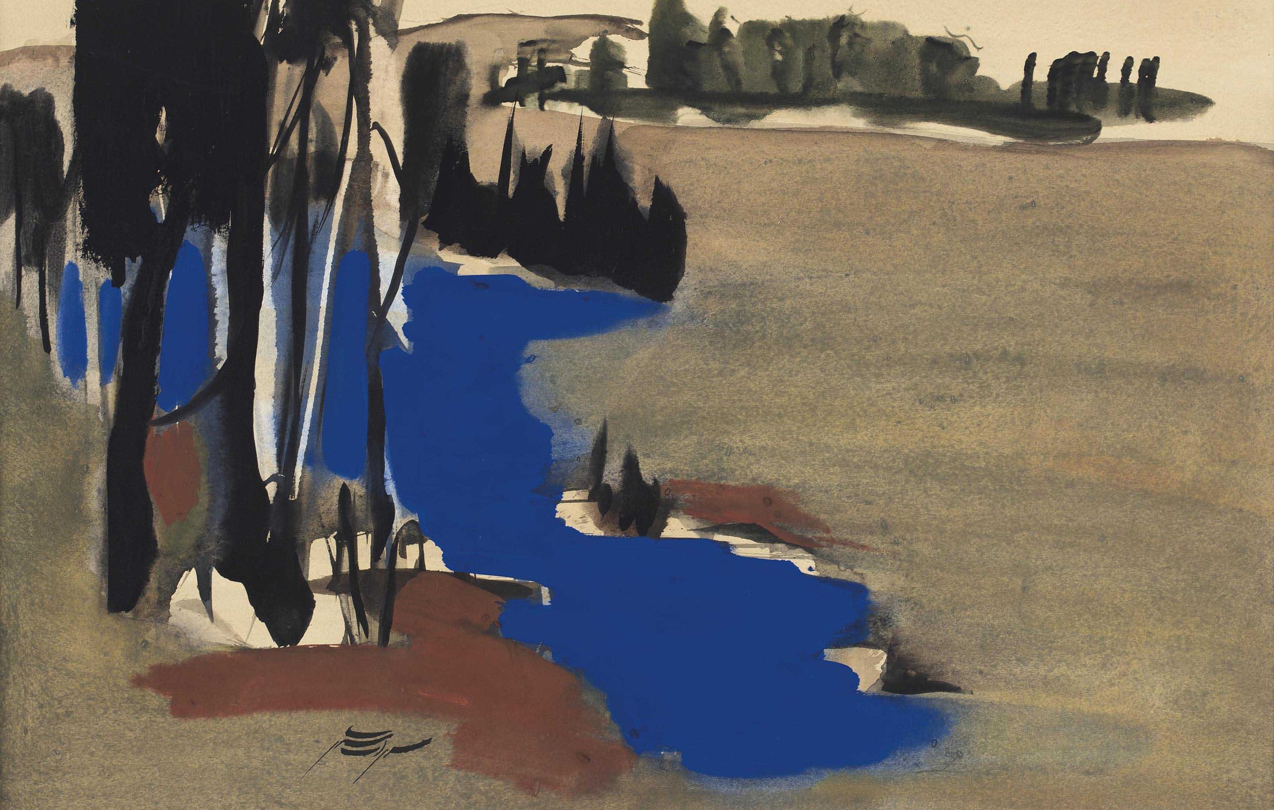 L'image représente un paysage stylisé, où l'on voit une étendue d'eau bleue traversant une surface terreuse aux teintes brunes et beige. Des arbres sombres se dressent sur le bord de l'eau, créant un contraste intéressant avec le ciel clair et les collines en arrière-plan, qui sont suggérées par des touches de vert. L'ensemble dégage une atmosphère sereine et poétique, avec une utilisation expressive des couleurs et des formes.