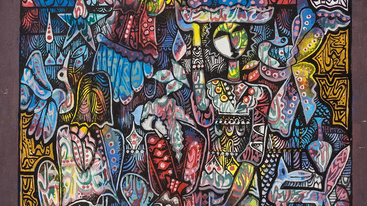 L'image semble être une œuvre d'art abstrait riche en couleurs et en motifs. Elle présente une multitude de formes et de personnages stylisés, créant une composition dynamique et complexe. Les couleurs vives, telles que le rouge, le bleu et le vert, s'entrelacent avec des motifs graphiques, ajoutant une texture visuelle intéressante. L'ensemble donne une impression de mouvement et d'énergie, invitant le spectateur à explorer les détails de cette création artistique.