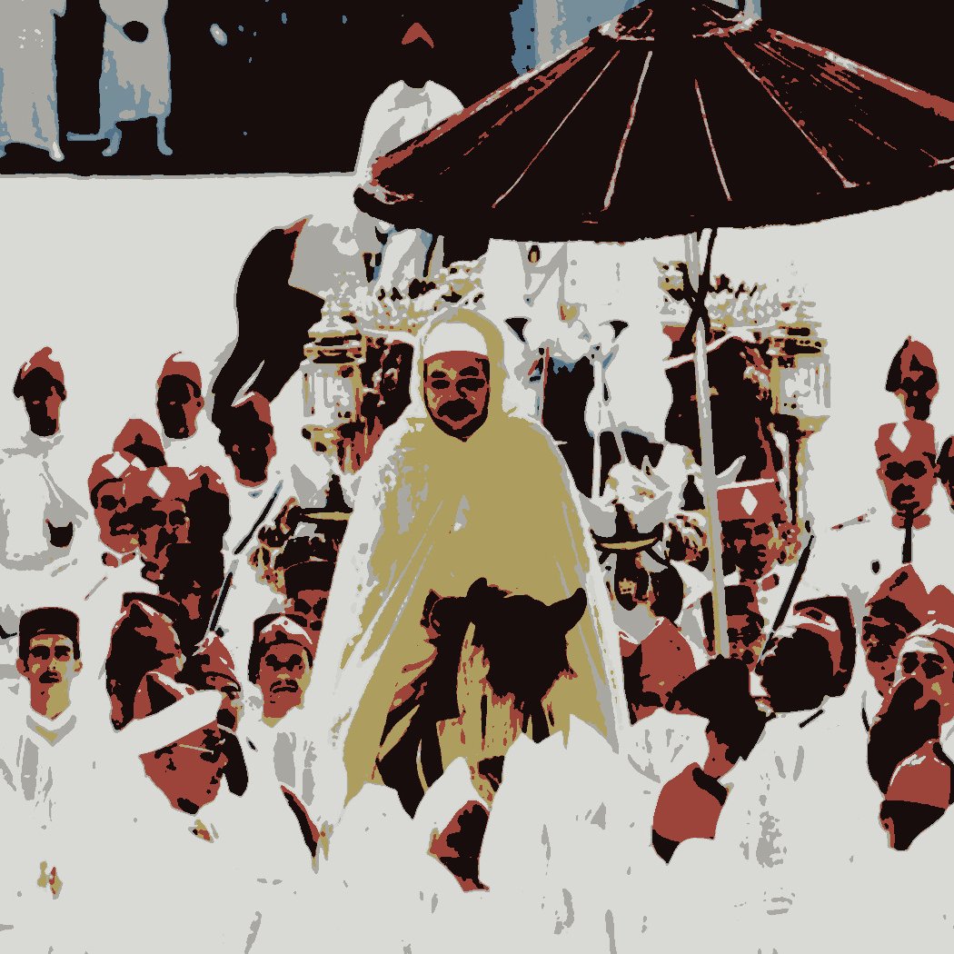 L'image montre une scène cérémonielle avec une multitude de personnes en vêtements traditionnels. Au centre, une figure principale est montée à cheval, protégée par un parasol. Cette scène évoque une ambiance de célébration ou de procession, où tous les participants semblent attentifs et respectueux. Les couleurs sont vives et créent un fort contraste, accentuant l'importance de l'événement.