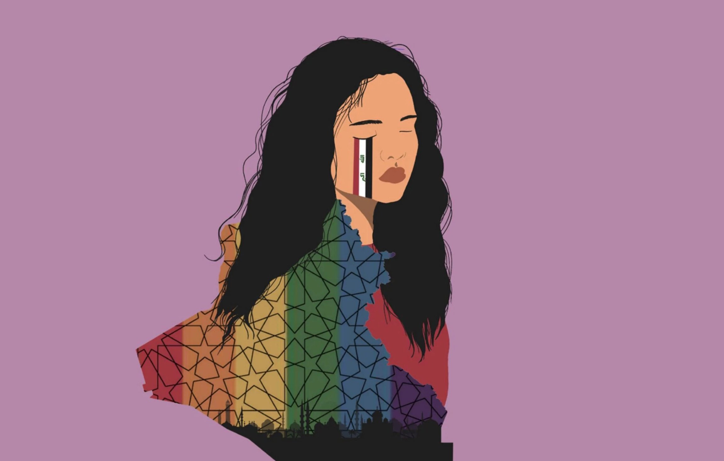 L'image montre une illustration d'une femme avec des cheveux longs et ondulés, sur un fond rose. Son visage exprime une certaine émotion, avec une larmichette qui descend le long de sa joue. Le corps de l'illustration est rempli de motifs colorés, incorporant les couleurs de l'arc-en-ciel, symbolisant la diversité, ainsi que des éléments géométriques. Ces aspects lui donnent une apparence à la fois contemporaine et inspirante.