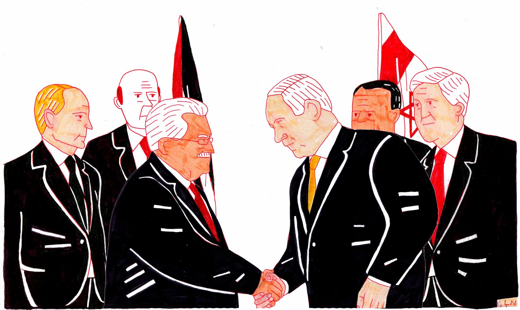 L'image représente une scène où plusieurs personnalités politiques sont rassemblées. Au premier plan, deux hommes se serrent la main, manifestant un échange diplomatique. L'un d'eux porte un costume noir et une chemise blanche, tandis que l'autre est également en costume foncé. En arrière-plan, on peut voir d'autres figures qui semblent également participer à cette rencontre. Les personnages sont dessinés de manière stylisée avec des traits marqués et des couleurs principalement sombres, ajoutées à des drapeaux en arrière-plan qui suggèrent une atmosphère formelle et politique.