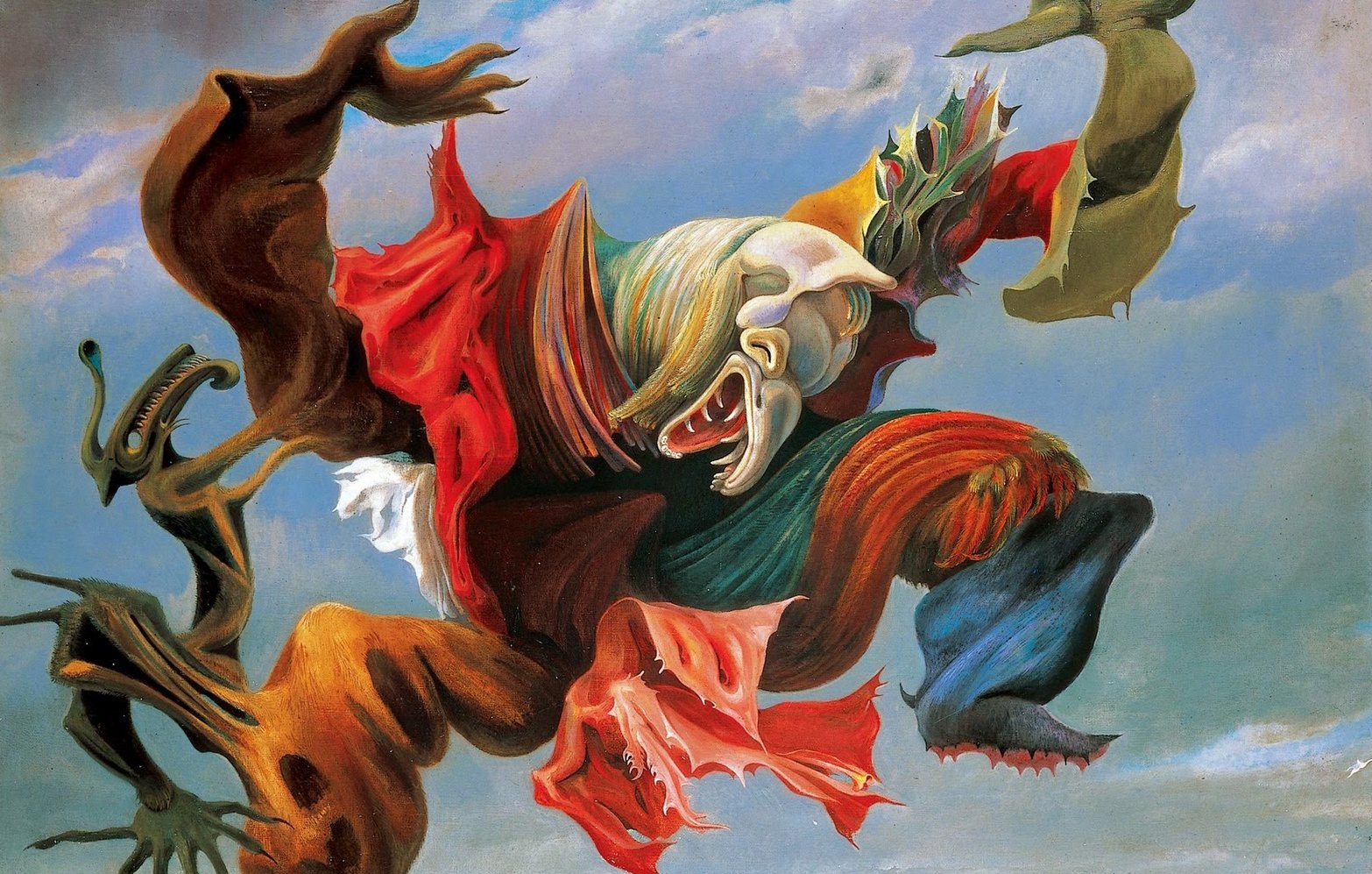 L'immagine presenta un dipinto surreale caratterizzato da figure ambigue e distorte. Al centro, una figura umana con un volto espressivo e deformato sembra muoversi in modo dinamico, mentre indossa abiti dai colori vivaci e in contrasto, che sembrano fluttuare. Intorno a essa, forme inquietanti e creature astratte si intrecciano, creando un senso di movimento e caos. Sullo sfondo, un cielo blu e una paesaggio sfumato offrono un contrasto con l'intensità della scena centrale, rendendo l'opera evocativa e provocatoria.