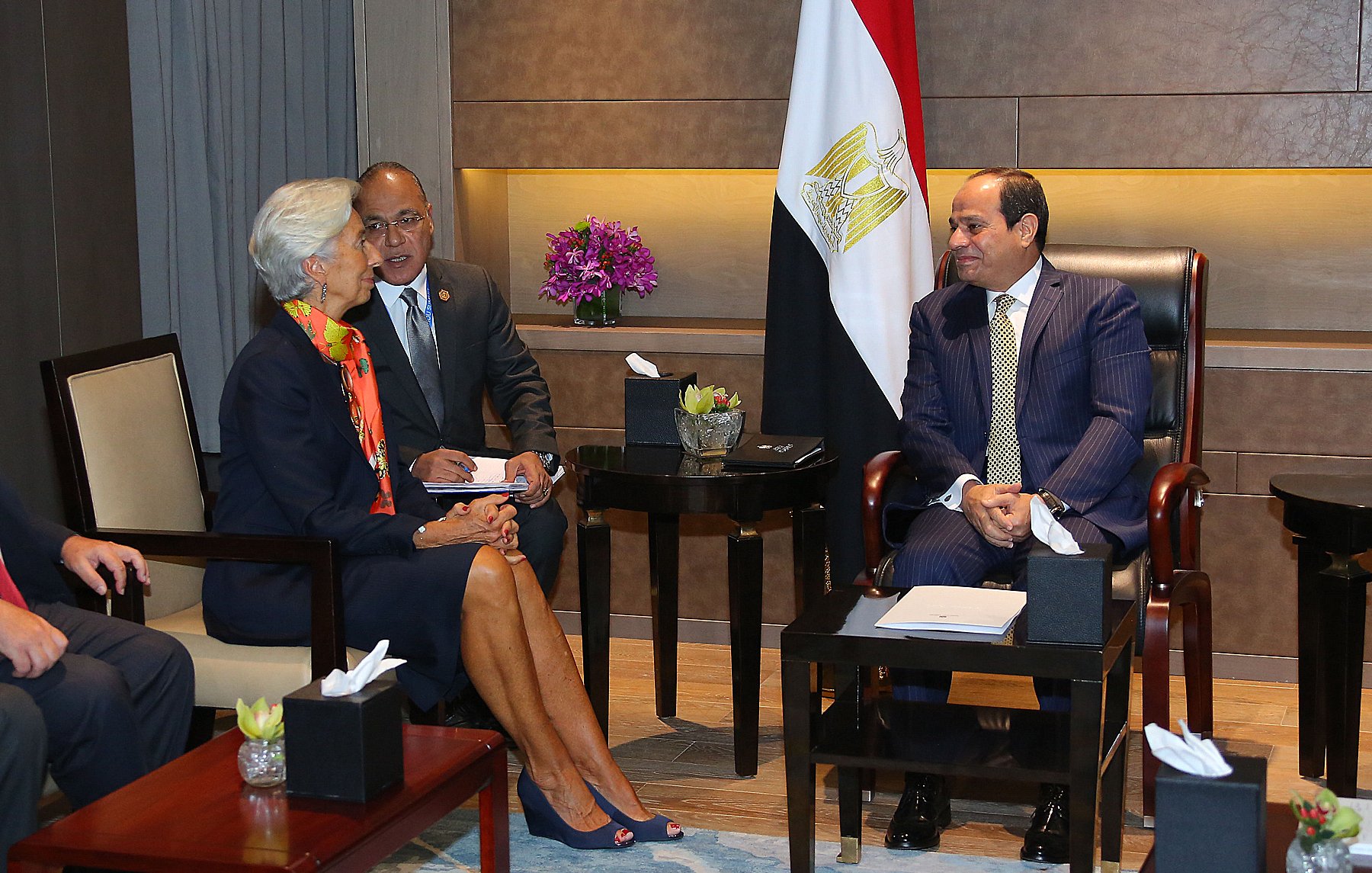 The image depicts a formal meeting taking place in a well-furnished room. There are three individuals present. One person is sitting on the left, wearing a bright outfit and engaged in conversation, while another person is seated directly across, in formal business attire and listening attentively. A third individual is seated between them, possibly mediating or contributing to the discussion. In the background, an Egyptian flag can be seen, along with decorative elements like flowers and plants, adding to the professional atmosphere of the meeting.