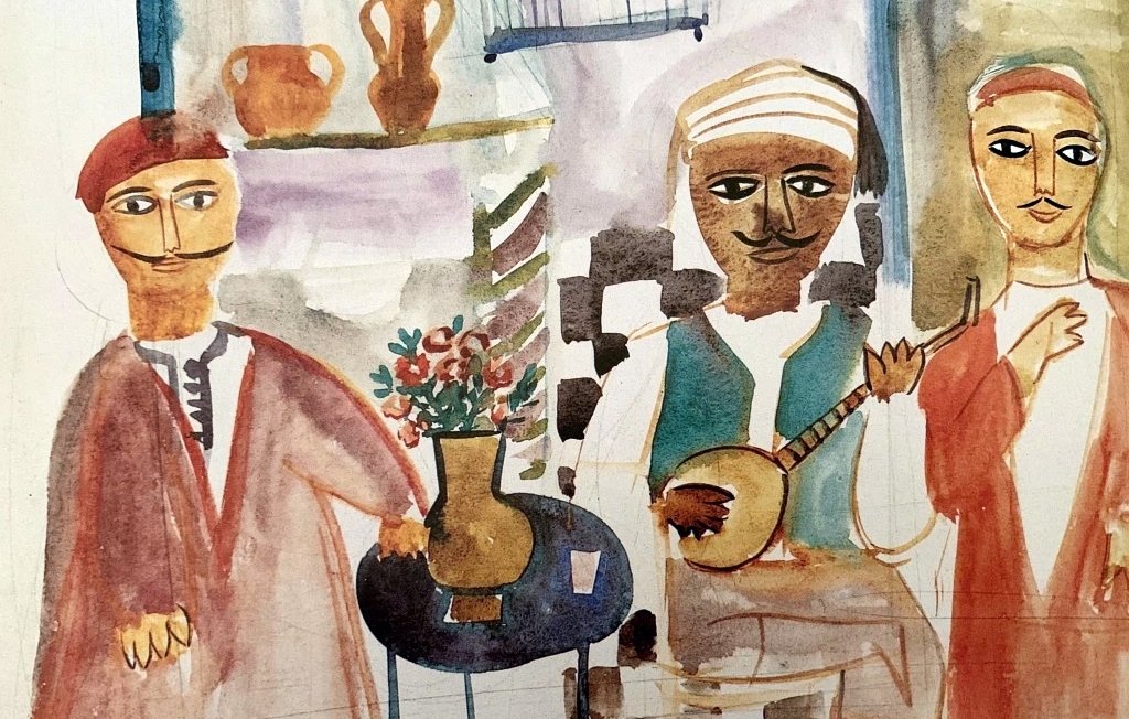 L'image présente une scène artistique colorée avec trois personnages. Le premier personnage à gauche porte un chapeau rouge et un vêtement traditionnel. Il se tient à côté d'une table sur laquelle se trouve un vase de fleurs. Le deuxième personnage, situé au centre, joue d'un instrument de musique et affiche un sourire. Il porte un gilet de couleur verte et un turban. Le troisième personnage, à droite, est vêtu d'une robe orange et semble contempler la scène. En arrière-plan, on aperçoit des éléments décoratifs, comme des pots, ajoutant une touche culturelle à l'ensemble. L'œuvre dégage une atmosphère conviviale et chaleureuse.