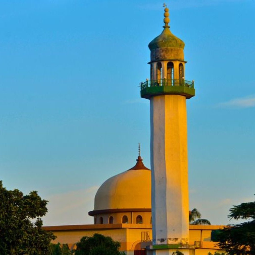 L'image montre un minaret d'une mosquée, qui s'élève majestueusement contre un ciel bleu clair. Le minaret, de couleur claire, présente une colonnade verte au sommet, et un dôme arrondi se trouve à proximité. Des arbres verdoyants entourent la mosquée, ajoutant une touche de nature à la scène paisible. L'ensemble dégage une atmosphère sereine, typique des lieux de culte.