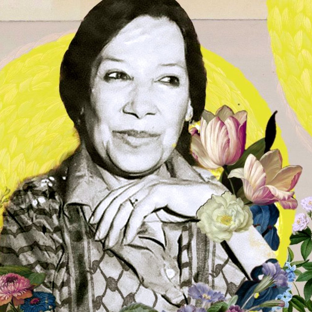 L'image représente une femme souriante, entourée de fleurs colorées. Son visage est en noir et blanc, contrastant avec les teintes vives des fleurs et les cercles jaunes en arrière-plan qui évoquent le soleil. L'ensemble crée une atmosphère joyeuse et chaleureuse, mettant en valeur la beauté de la personne et de la nature.