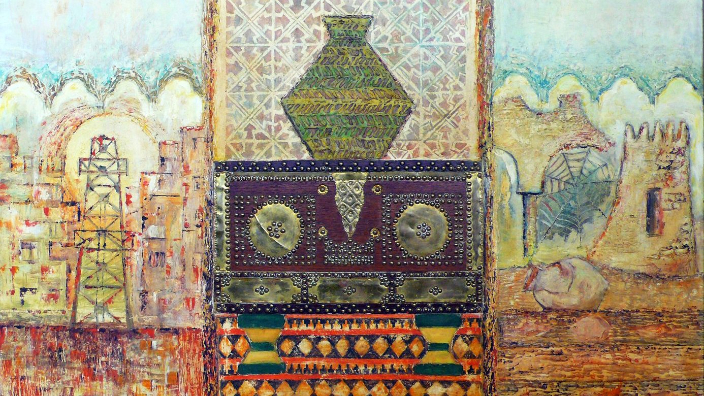 L'image présente une composition colorée et texturée, caractérisée par des motifs géométriques et des éléments architecturaux. Au centre, on aperçoit un grand vase stylisé sur un fond décoratif, entouré de motifs complexes. Les couleurs utilisées varient du beige et des tons terreux aux nuances vertes et dorées, créant une ambiance à la fois chaleureuse et mystique. Les éléments en arrière-plan pourraient évoquer des structures anciennes ou des paysages désertiques, ajoutant une dimension historique à l'œuvre. L'ensemble dégage une esthétique orientale, riche en détails et en symbolisme.