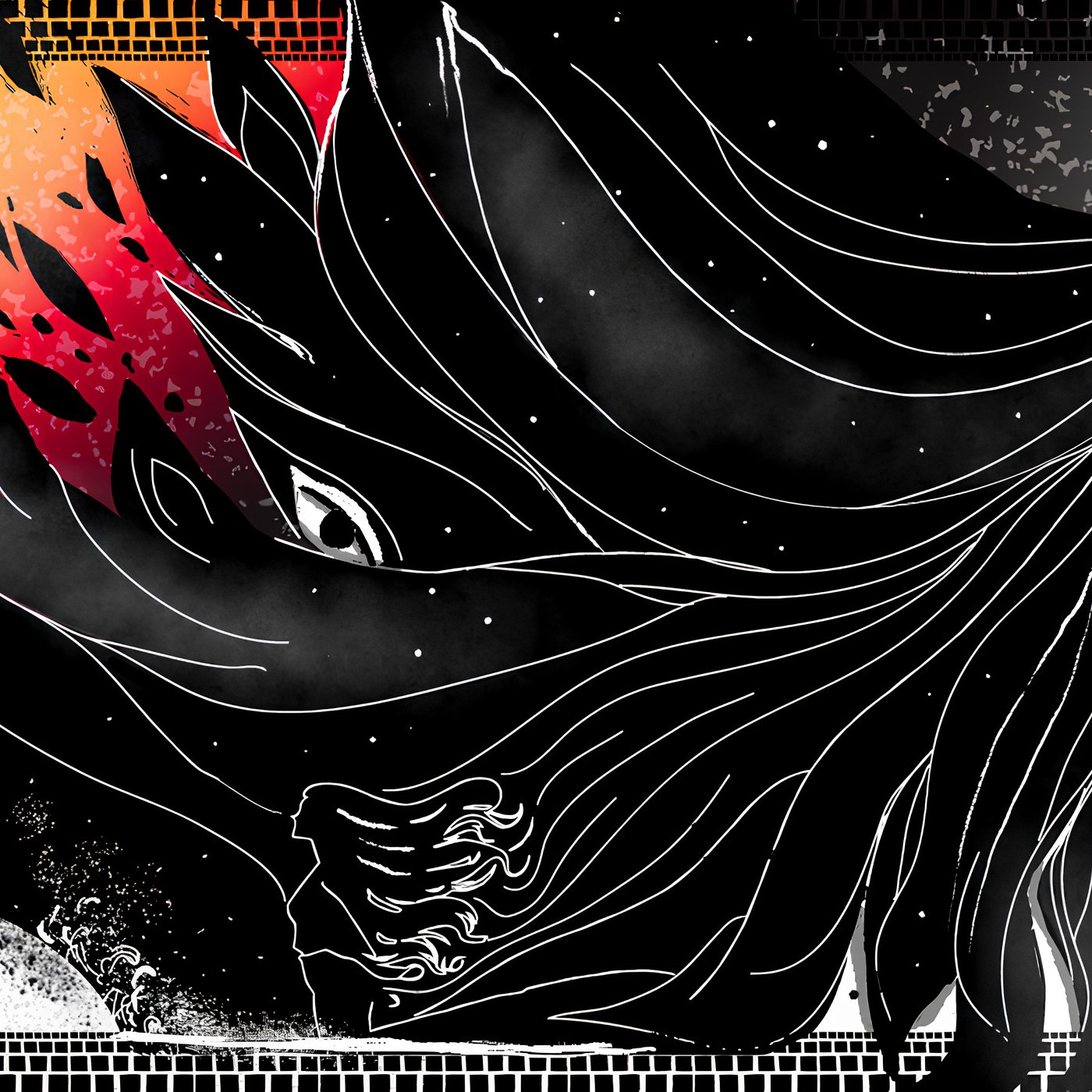 L'immagine presenta una composizione artistica in bianco e nero, caratterizzata da un forte contrasto. Sul lato sinistro, una figura con lunghi capelli scuri è rappresentata in profilo. I suoi capelli fluiscono e si intrecciano con elementi grafici che richiamano un'atmosfera di mistero, sembrando quasi fondersi con il fondo scuro. Sullo sfondo, vi è una texture di forme astratte e linee che creano un senso di movimento e profondità. La parte alta dell'immagine presenta toni di rosso che possono suggerire passione o conflitto, mentre l'atmosfera complessiva trasmette un senso di introspezione e forza emotiva.